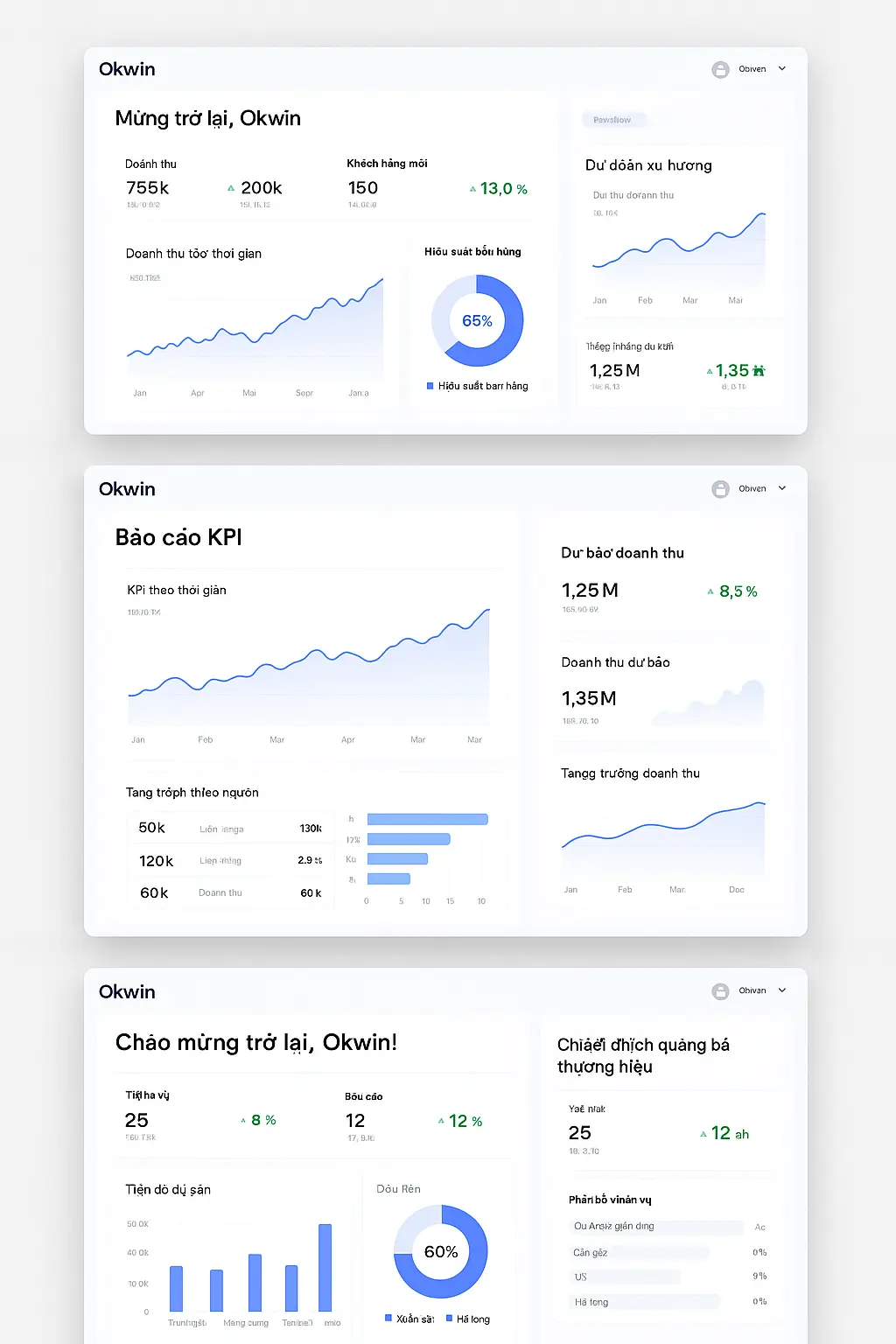 Giao diện dashboard quản lý dữ liệu trên nền tảng Okwin – cá nhân hóa theo từng doanh nghiệp.